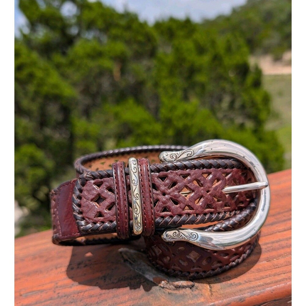 Brighton Dark Brown Leather Belt Lacing Cut Out Western Silver Buckle MED B20238 - Picture 1 of 6